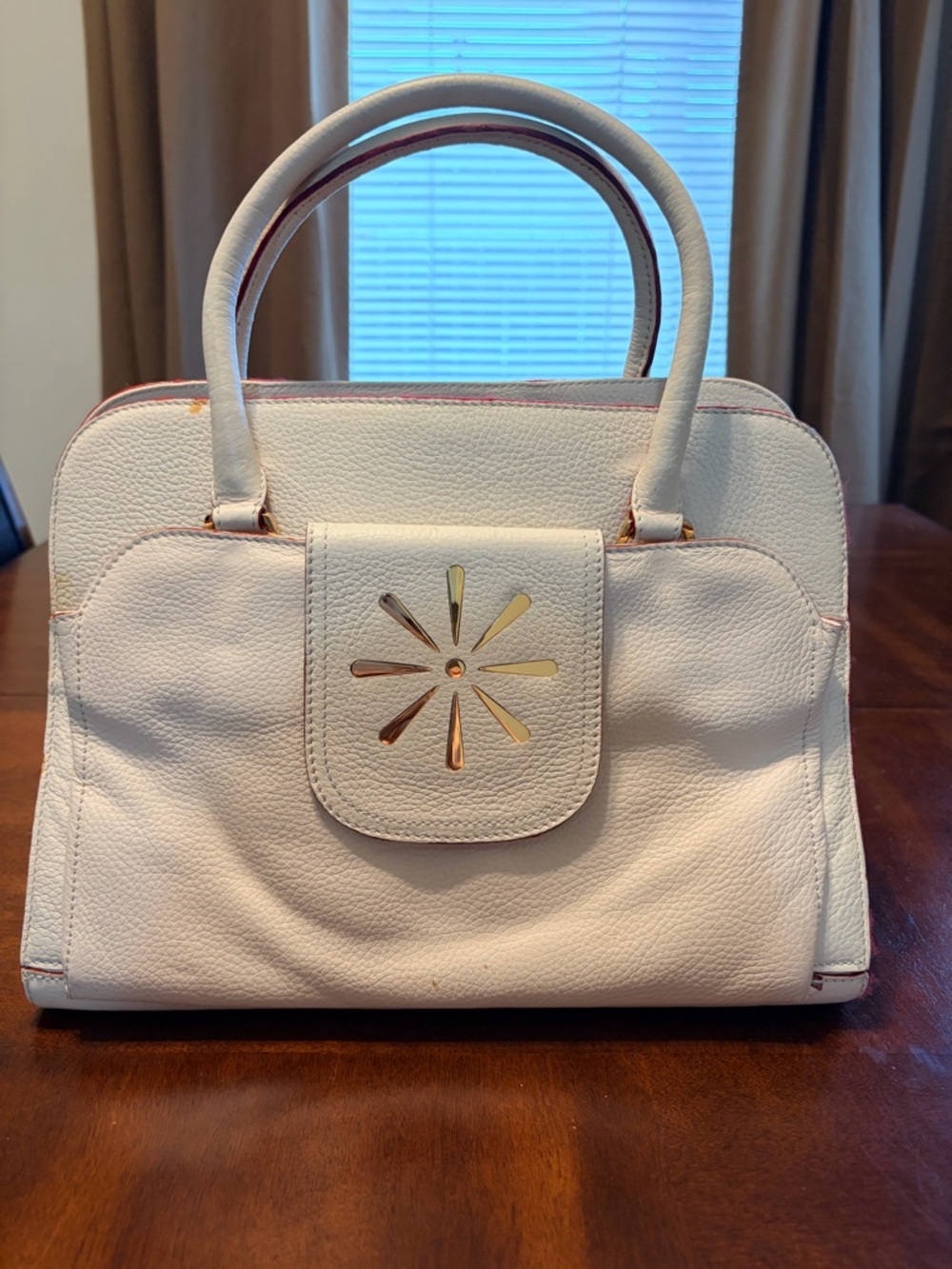 Isaac Mizrahi Cream Satchel with Gold Sunburst Accent